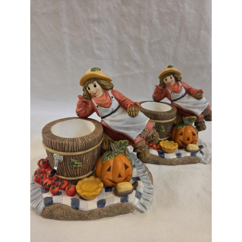 PartyLite P7275 Harvest Scarecrow Votive Candle Holders Pair Fall Halloween